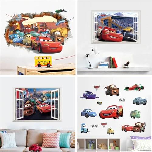 3d effect cartoon cars through wall stickers bedroom nursery home decor disney wall decals pvc mural art diy posters boys gifts