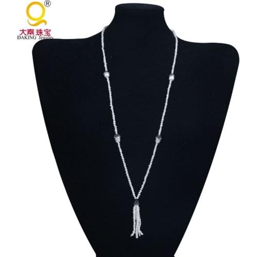 Delicate 3-4mm small white potato pearl necklace pearl tassel pendant necklace polymer clay & rhinestone bead necklace