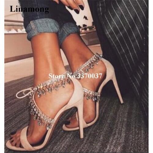 Women New Fashion Open Toe Suede Leather Rhinestone Strap Cross Gladiator Sandals Lace-up Crystal High Heel Sandals Dress Shoes