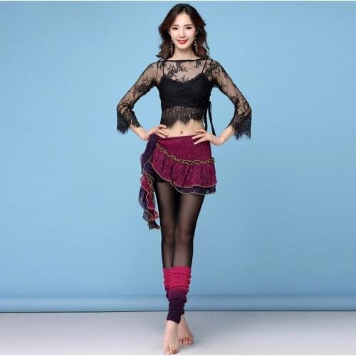 New style Women Belly Dance Costume Clothing Training Outfits Class Wear Sexy Lace Set 3 Pieces (Top+Hip Scarf+leggings)