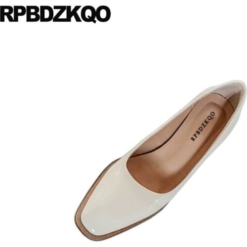Thick Square Toe High Heels Size 4 34 Patent Leather Shoes Beige Ladies Black Medium Block Fashion 3 Inch Pumps 2021 Slip On
