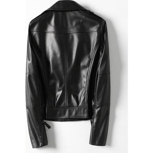 Genuine Sheep women Brand Coat Single-breasted Fashion Casual Long Sleeve Streetwear Black Leather Jacket