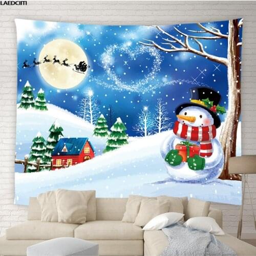 Christmas Snowman Tapestry Winter Cartoon Psychedelic Elk Snow Scene Background Wall Hanging Cloth Child Bedroom Home Decor Gift