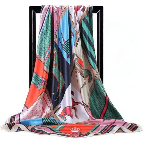 90cm Plaid Horse Square Scarves For Women Brand Summer Satin Silk Scarf Female Shawl Bandana Head Hijab Scarfs For Ladies