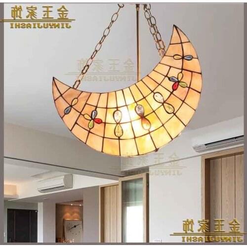 Mediterranean Tiffany Shell Moon Shape Pendant Light Suspended Luminaire For Children Room Restaurant Decorated Lamp luminaria