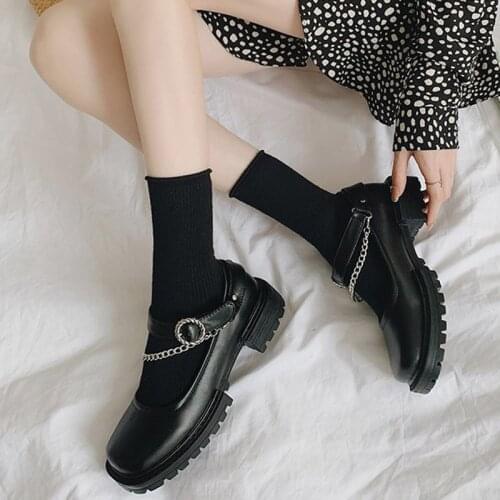Spring Autumn Women Mary Janes Shoes Chain Lolita Shoes Buckle Strap Platform Leather Shoes Retro Punk Casual Shoe Black 8901N