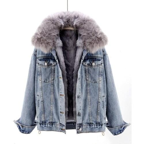 Korean Winter Removable Fox Fur Collar Rex Rabbit Fur Liner Denim Jacket Women Loose Short Thick Warm Jeans Jacket Coat Female