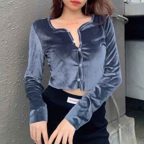 T-Shirts Women Sexy Velvet Thin Cardigan Shirts V Neck Long Sleeve Crop Fashion Fit Slim Tops Shirts