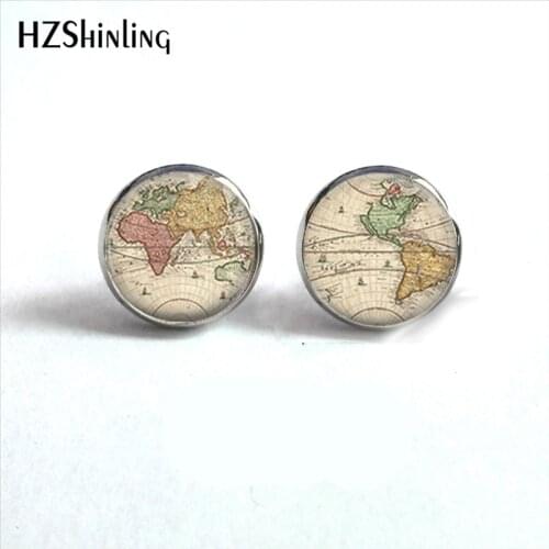 NES-0051 World Map Earrings Vintage World Map Glass Earrings Vintage Globe Jewelry Glass Cabochon Earrings Handmade HZ4