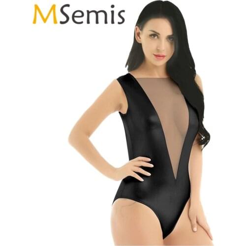 Womens Shiny Swimsuit Gymnastics Leotard Swimming Suit Metallic Backless Bodysuit High Cut Leotard Thong Bodysuit Clubwear