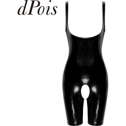 Womens One-piece Sexy Wet Look Patent Leather Deep U Neck Sleeveless Crotchless Open Butt Breast Short Leotard Jumpsuit Bodysuit
