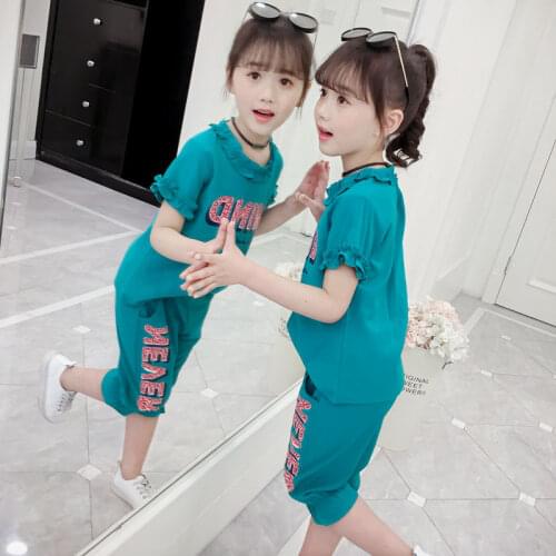 Girls Summer Clothing Set 2020 New Children Girl Sport Two Pieces Clothing Suit Fashion Lace O-neck Short Sleeve Clothing Set