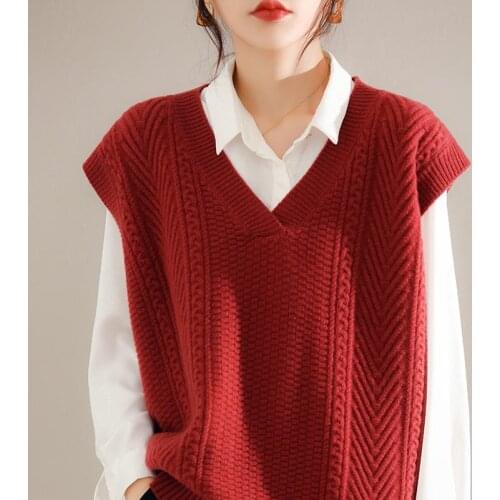 Winter 2021 Vneck Thick Warm Sleeveless Women Jumpers 100% Pure Wool Knitting Pullovers Ladies Woolen Sweaters