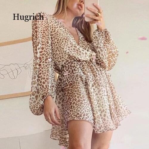 2021 New Autumn Summer Chiffon Balloon Sleeve Drawstring Leopard Print Women Dress