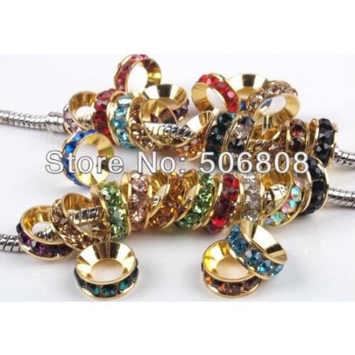 10mm Gold color with Pave Crystal Rhinestone Rondelle Spacer Loose Beads European Bracelet Big Hole Beads Jewelry Findings