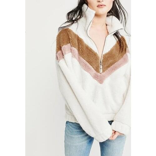 2021 Autumn Winter Womens Sweatshirt Fleece Zipper Turtleneck Loose Casual Hoodies for Woman Patchwork Ladies Tops White Pink