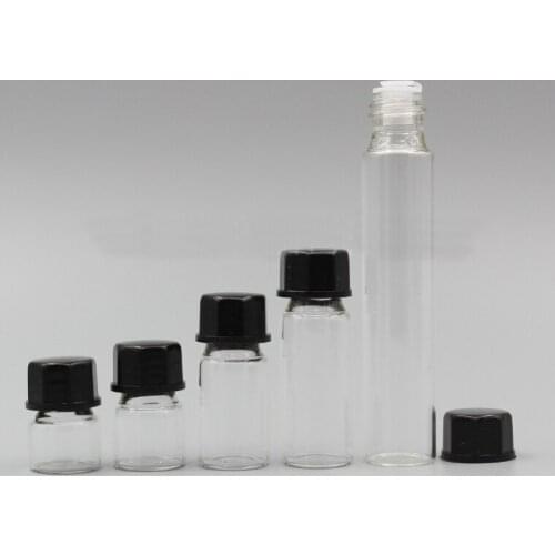 50/100/200pcs/lot 1/2/3/5/10ml Perfume Essential Oil Bottles clear Glass tube Bottle black octagon cap stopper plug For Cosmetic