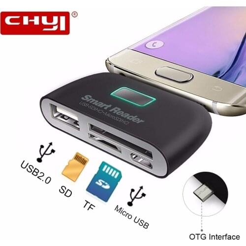 CHYI 4 in 1 OTG to USB 2.0 Smart Card Reader SD TF CardReader USB2.0 Card Adapter with Micro USB Port For Android SmartPhone