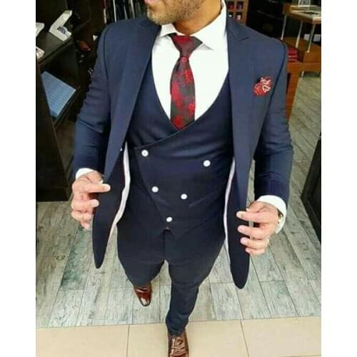 Custom Made Casual Men Suits Groomsmen Peaked Lapel Groom Tuxedos Navy Blue Men Wedding Suits Best Man Blazer Jacket+Pants+Vest