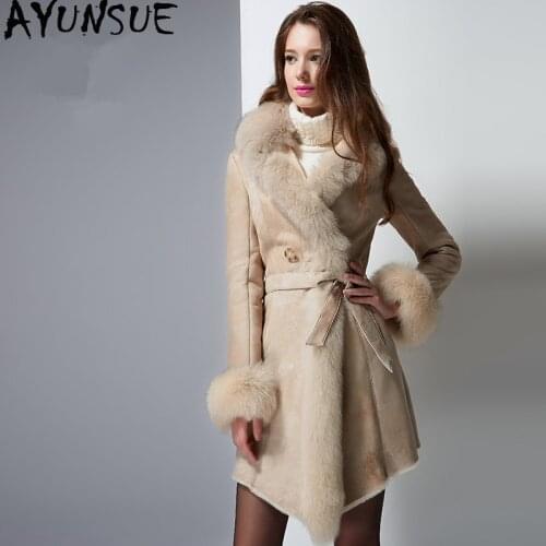AYUNSUE Double Faced Fur Coat Female Natural Sheep Shearling Fur Winter Jacket Women fox fur collar genuine leather jacket MY