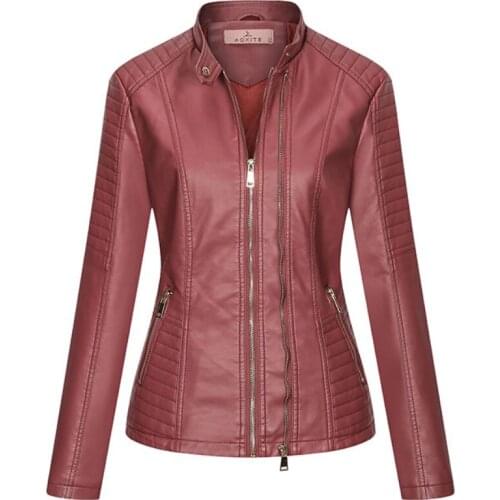 New Spring Women Faux Leather Jacket Slim Biker Coat Stand Collar Double Zipper Jackets Fashion Streetwear Outerwear WF159