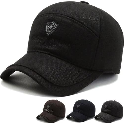 Mens Winter Baseball Cap Ear Protection Adjustable Solid Color Felt Warm Leisure Flag Hats