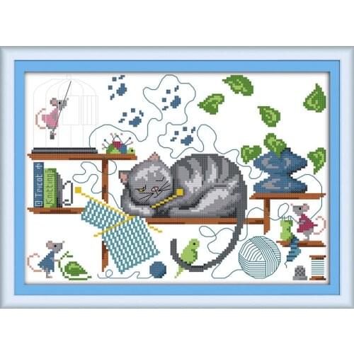 Joy Sunday DIY Cross Stitch Kits Little cat lying on a chair pattern Printed for a childrens room Chinese embroidery needlework