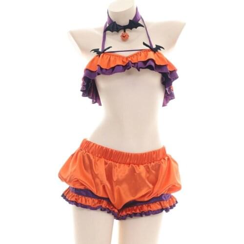 New Halloween Pumpkin Bikini Pajamas Cosplay Costume Sexy Home Service Women Girls Sets (Bra + Shorts + Neck Ring ) C27M31
