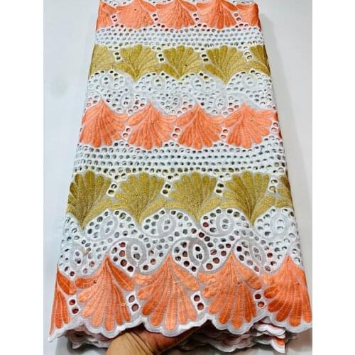 Peach African 100% Cotton Lace Fabric Latest Voile Lace In Switzerland With Stones For Men Women Dress Party (5yards/pc) YSH072