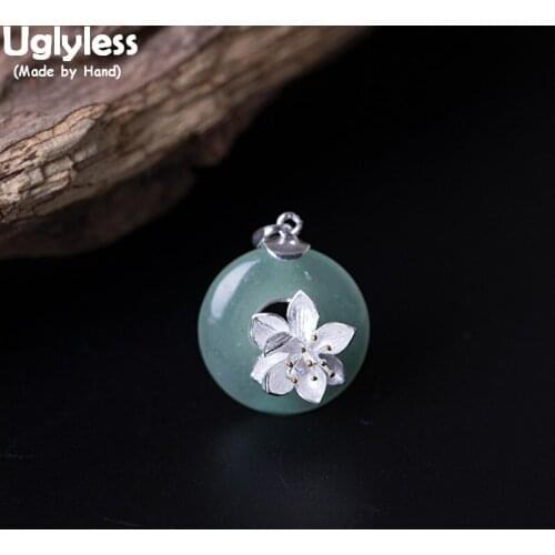 Uglyless Real 925 Sterling Silver Flower Pendants with Leather Rope Chains Natural Jade Button Necklaces for Women Fine Jewelry