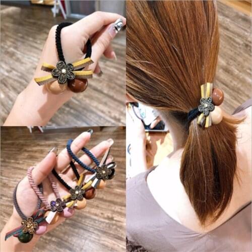 Popular flash diamond small flowers with cream beads head rope personality sweet hair ring wild ponytail thick rubber band hair