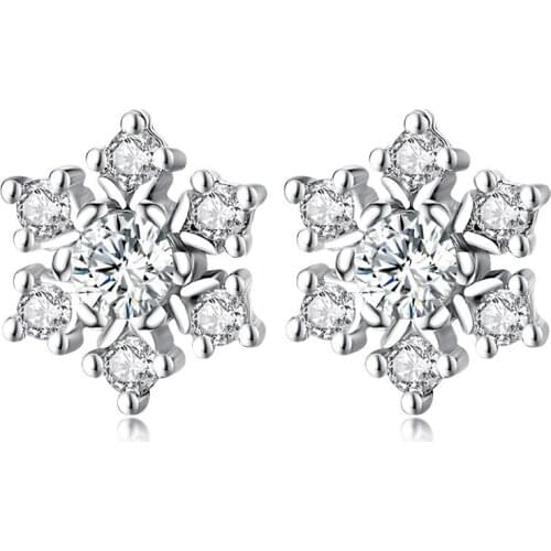 New Simple snowflake earrings, zircon fashionable silver-plated white gold ear pin earrings women