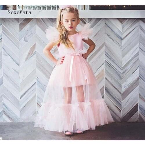Pink flower girl dresses puffy tutu 1st baby birthday party gown kids clothes graduation dresses detachable gown