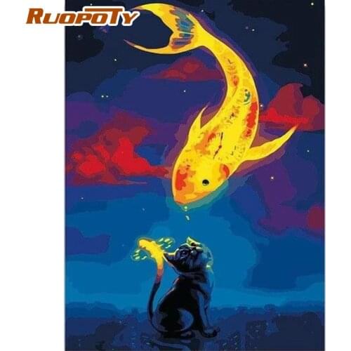RUOPOTY Frame Cat And Fish Diy Painting By Numbers Animation Coloring By Numbers Acrylic Canvas Painting Handpainted Drawing Art