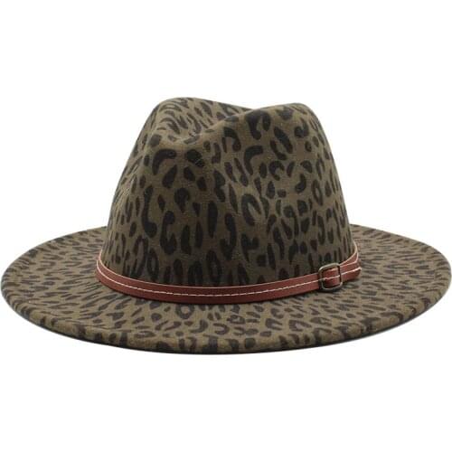 Seioum Men Women Wide Brim Wool Felt Fedora Panama Hat with Belt Buckle Jazz Trilby Cap Party Formal Top Hat In Leopard print