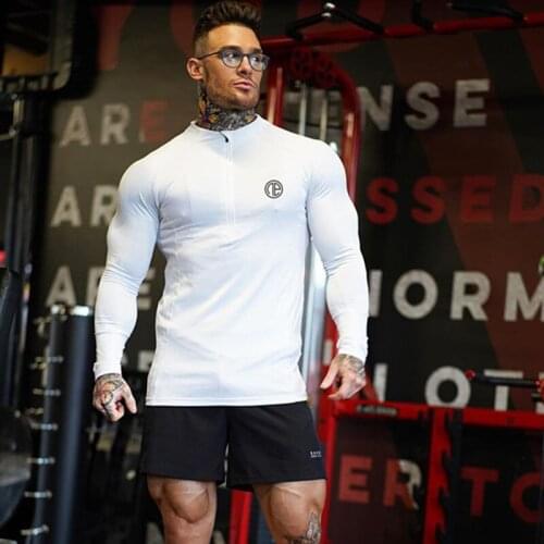 Sport Shirt Men Zipper Neck Fitness T-shirts Men Running T Shirt Long Sleeve Quick Dry Sport Bodybuilding Gyms Training Shirt