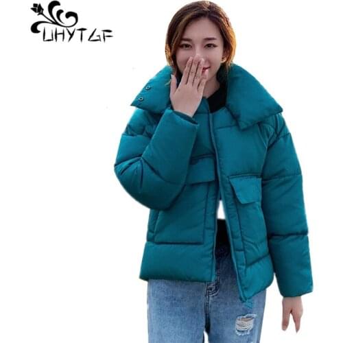 UHYTGF Women winter jacket Loose plus size warm women cotton winter basic jacket fashion Korean Thick short female parka coat497