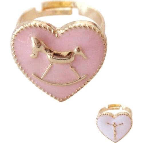 Japanese Gold Color Pink White Heart Wooden Horse Jesus Cross Adjustable Finger Rings For Women Girls Party Gifts