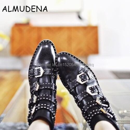 Cool Style Women Rome Style Studs Embellished Ankle Boots Black Leather Round Toe Metal Buckle Strap Motorcycle Boots