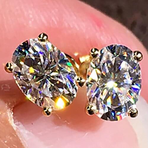 18K Yellow Gold Stud Earrings Women 0.5 1 2 3 Carat Oval Moissanite Diamond Present Wedding Anniversary Engagement Party Gift