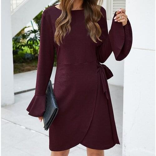 Women Solid Knitted Patchwork Dress 2021 Autumn New Fashion Sweet O Neck Flared Long Sleeve Bow Tie Lace Up Waist Short Dresses