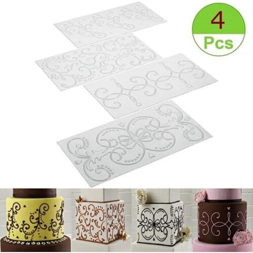 4Pcs Wedding Cake Stencil Template Mold Spray Floral Cookie Fondant Side Baking Mesh Stencil Cake Decorating Embossing Mould