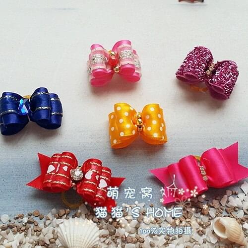 Handmade Pet Grooming Accessories 20Pcs/lot Mixed Ribbon Hair Bow Dog Rubber Bands Dog Hair Bows, Dog Show Supplies