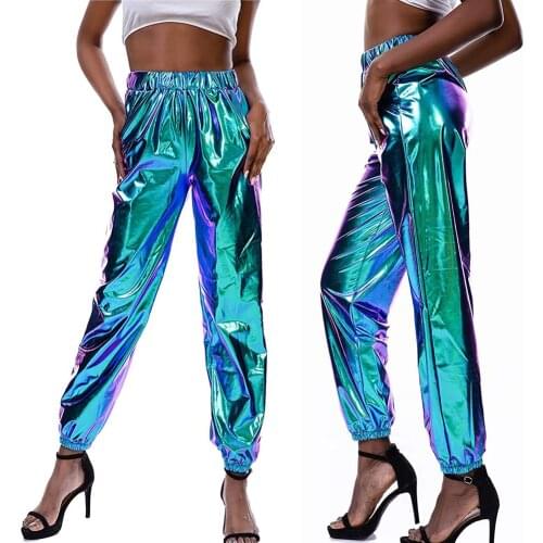 High Waist Metallic Shiny Jogger Casual Holographic Color Streetwear Trousers Women Fashion Smoothy Reflective Pants