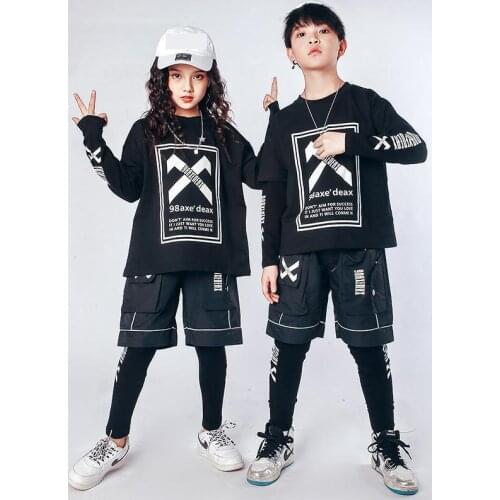 Black Jazz Dance Costumes Loose Sweatshirt Tops Short Pants For Girls Boys Kids Hip Hop Dance Clothing Outfits Street Wear 3pcs