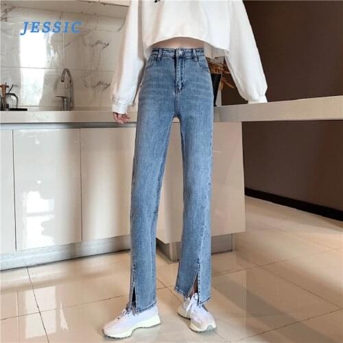 JESSIC Slit Jeans High Waist New Fashionable Modern Womens Spring New Loose Straight Leg Thinner Wide Leg Mopping Pants