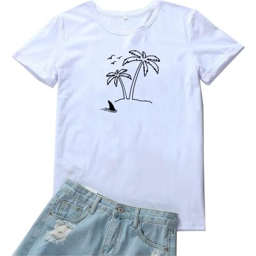 Shark Seabird Coconut Tree Women T-shirt Fashion Simple Graphic Tee Women White Top Camiseta Mujer Casual T Shirt Women Vacation