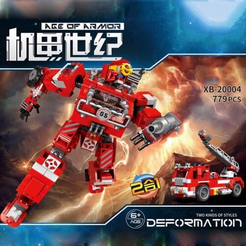 2IN1 super Transformation robot city vehicle 2in1 building block Fire engine truck educational toys Fireman brick for boys gifts