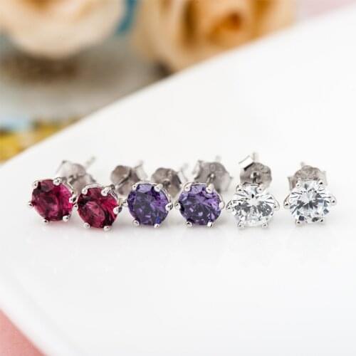 Cute Female White Crystal Stone Earrings Charm Real Sterling Silver Stud Earrings Dainty Round Small Wedding Earrings For Women