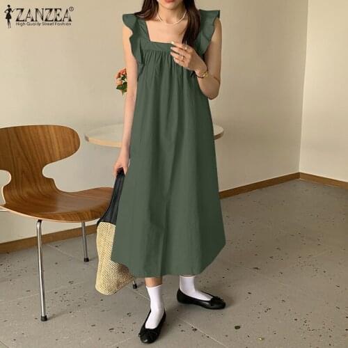 ZANZEA 2021 Stylish Womens Square Collar Sundress Casual Strap Dress Pleated Midi Vestidos Female Ruffle Solid Robe Femme Blue